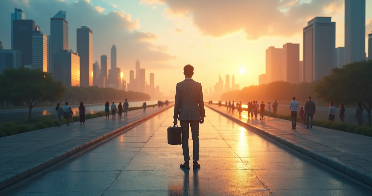 Professional at a crossroads with career paths shaped by family silhouettes 