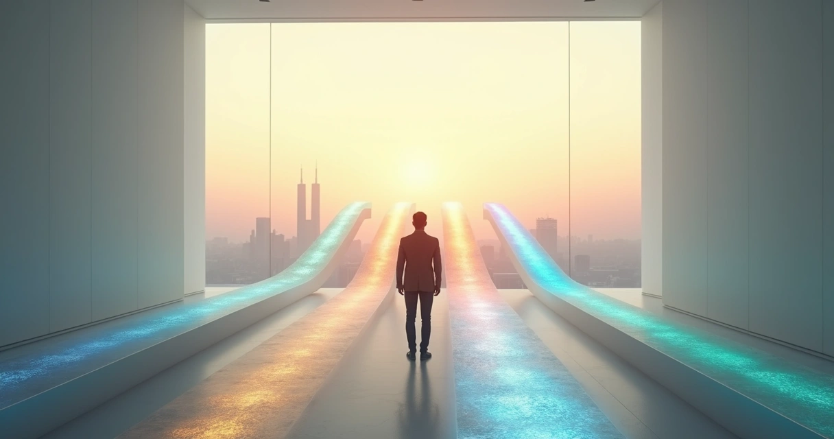 Professional at crossroads with six illuminated career paths 