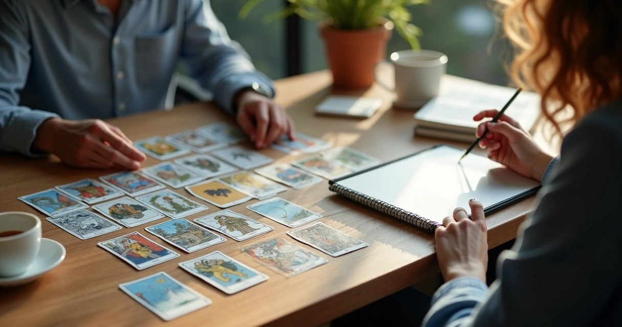 Consultation with tarot cards on a table in a professional setting 