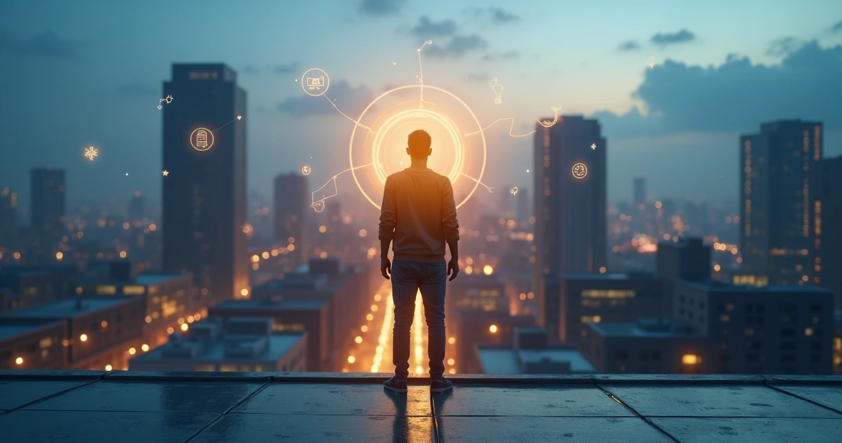 Professional standing on rooftop at dusk viewing glowing career symbols in skyline 