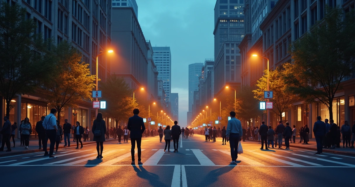 People at crossroads on a city street, each choosing different work paths