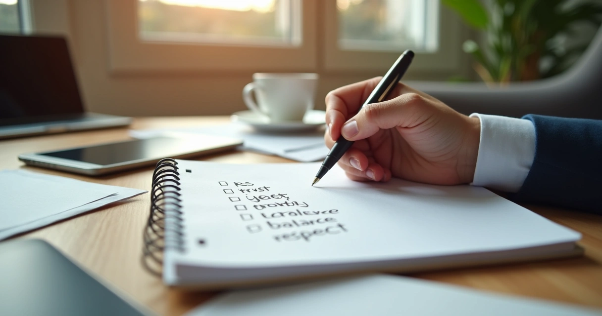 Handwriting list of career personal values in a notebook