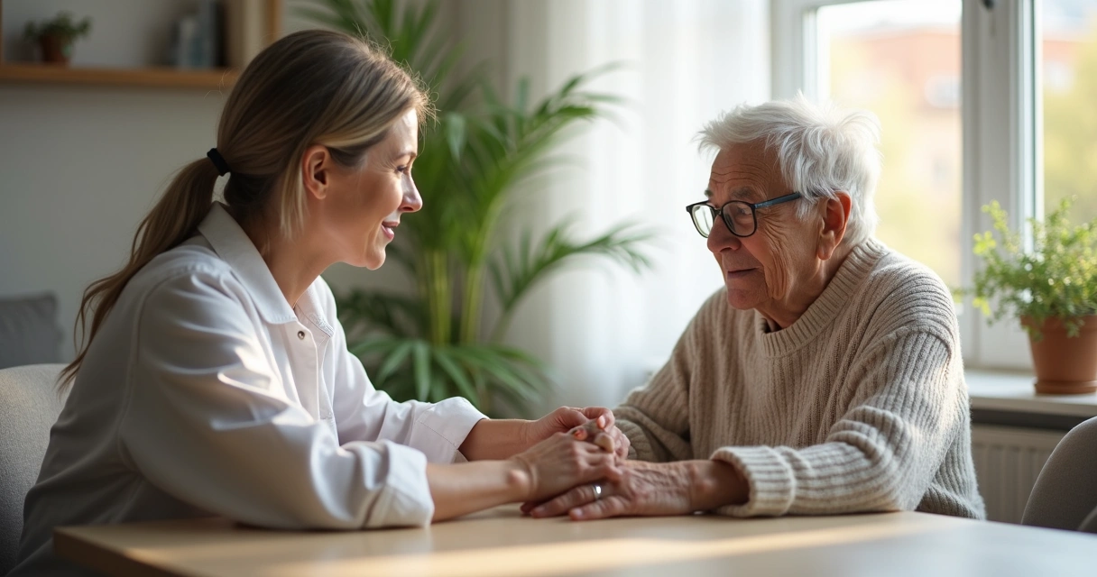 Caregiver holding elderly person's hand for support. 