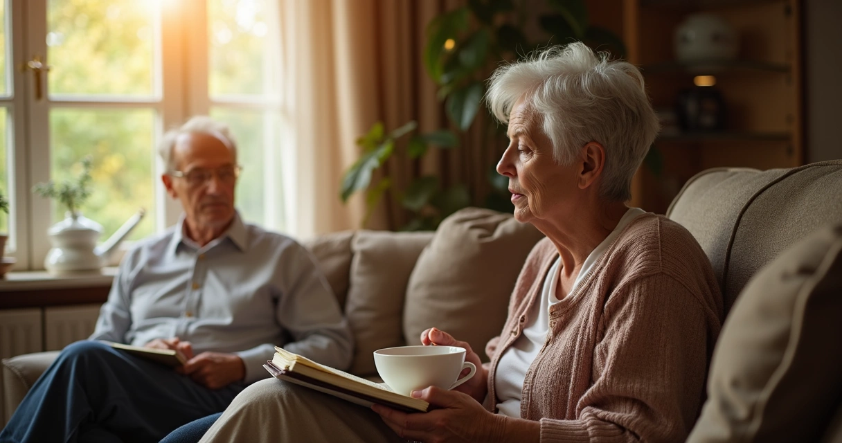 Caregiver reflecting in a sunlit cozy living room