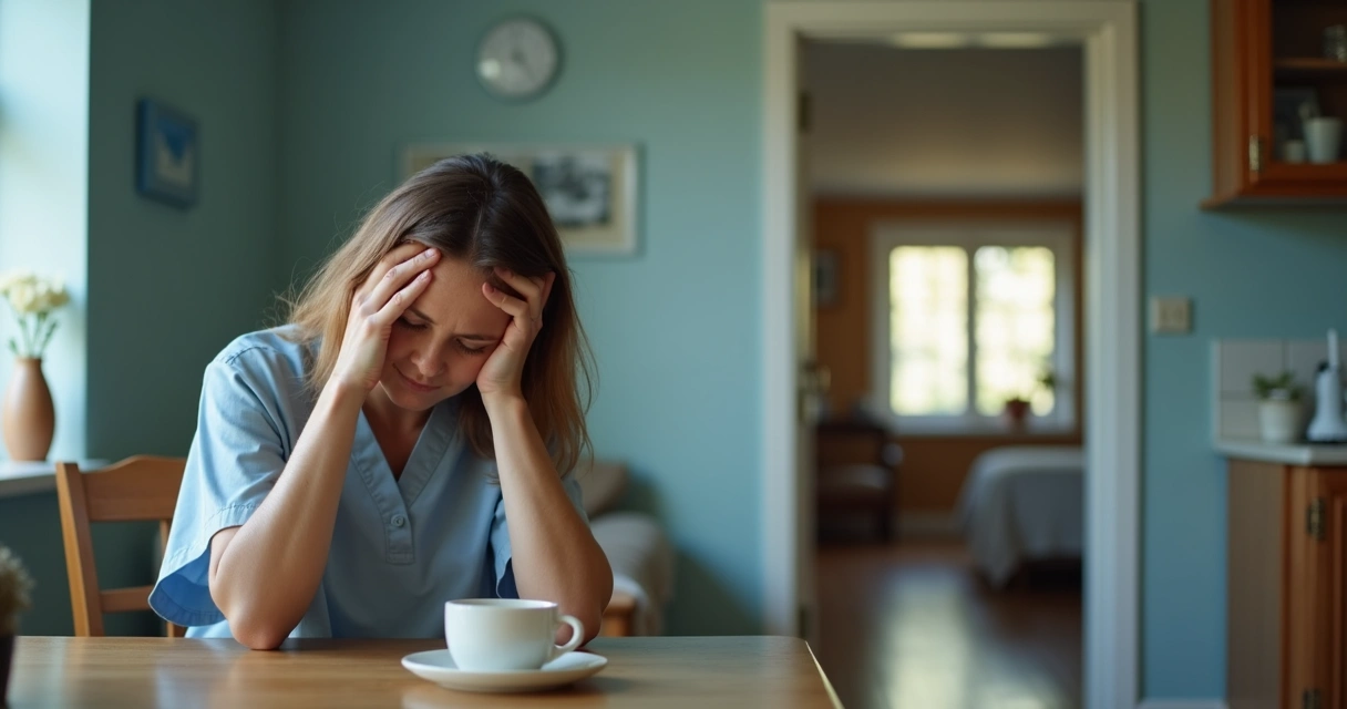Caregiver sitting at a kitchen table in a quiet home 