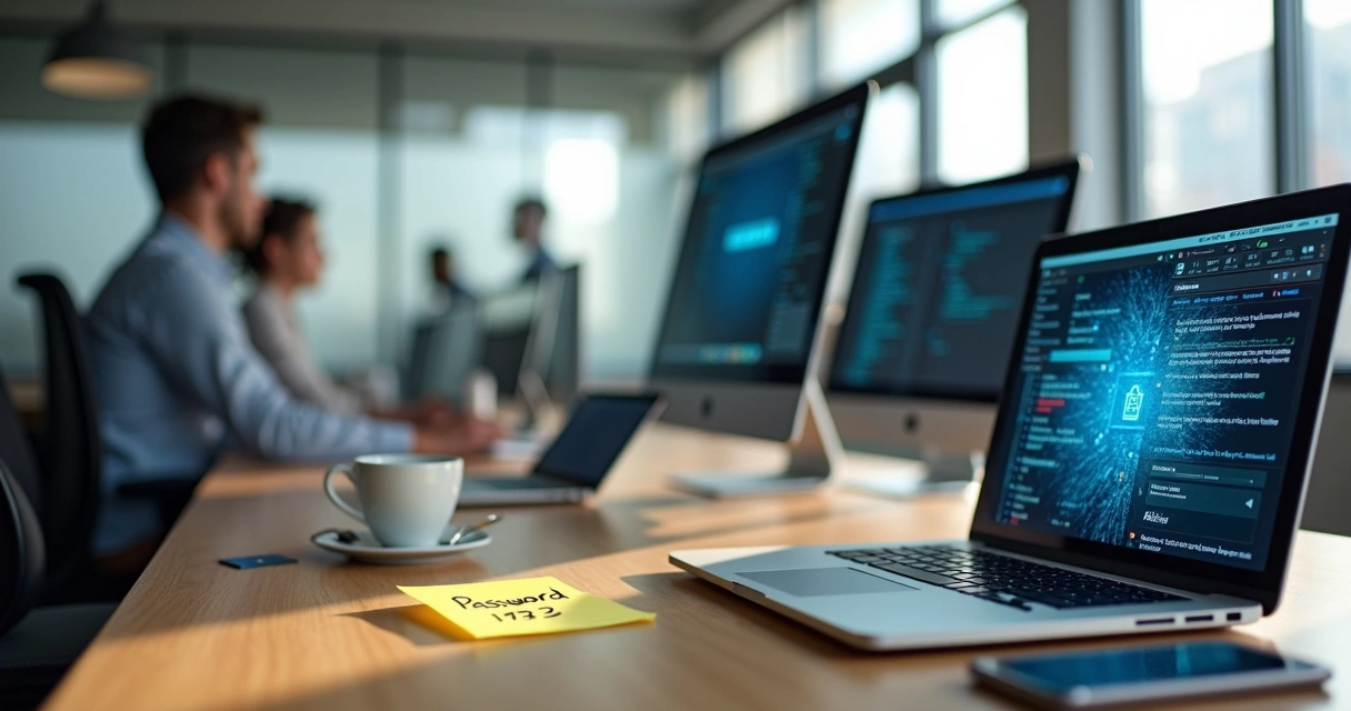 Open office scene showing careless digital habits around workstations 