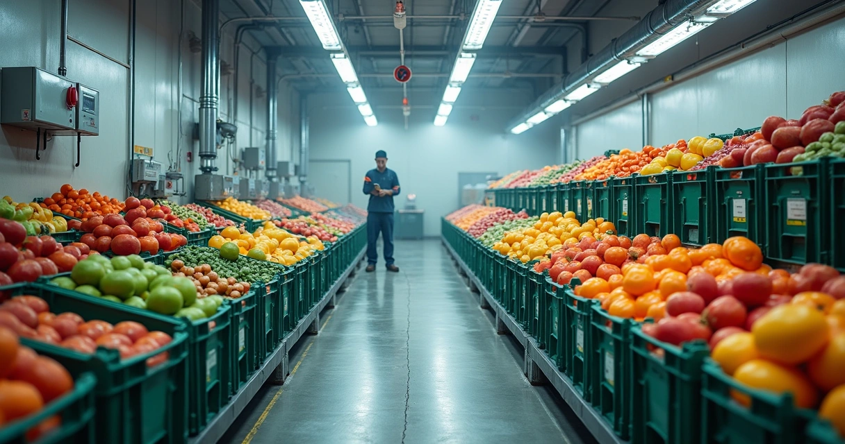 Carga perecível organizada em armazém refrigerado