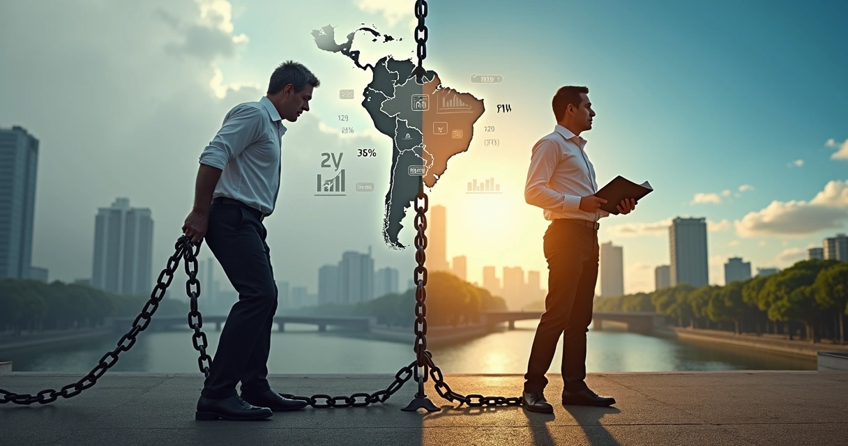 Comparação visual entre carga tributária pesada no Brasil e alívio fiscal no Paraguai 