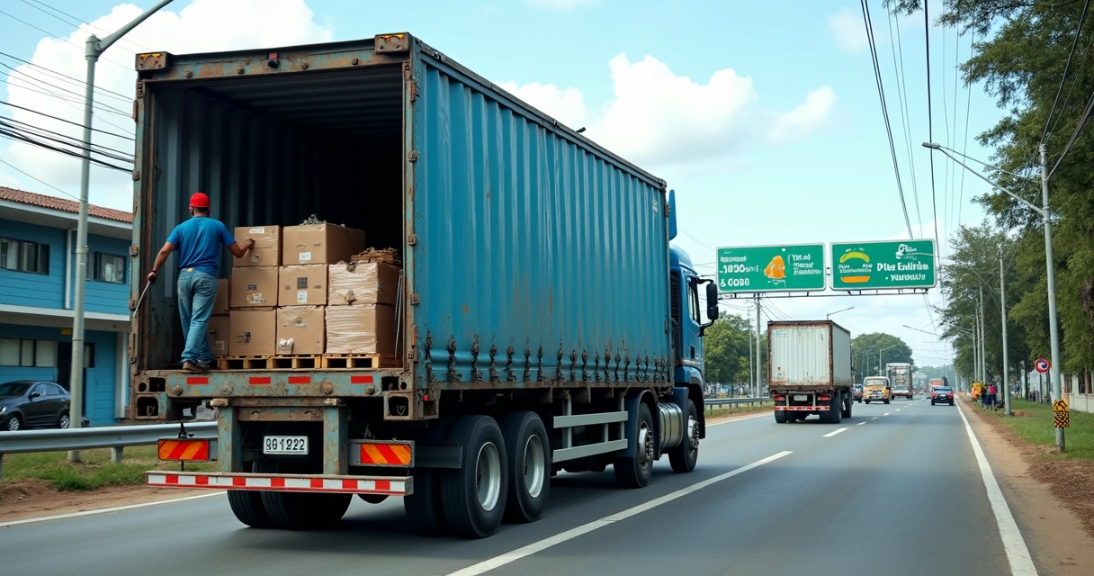 Caminhão de carga com diversos pallets sendo descarregados em diferentes pontos