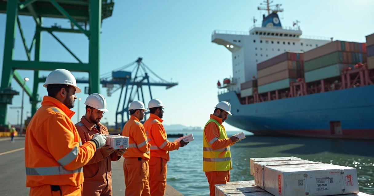 Crew inspecting cold chain cargo delivery at ship deck