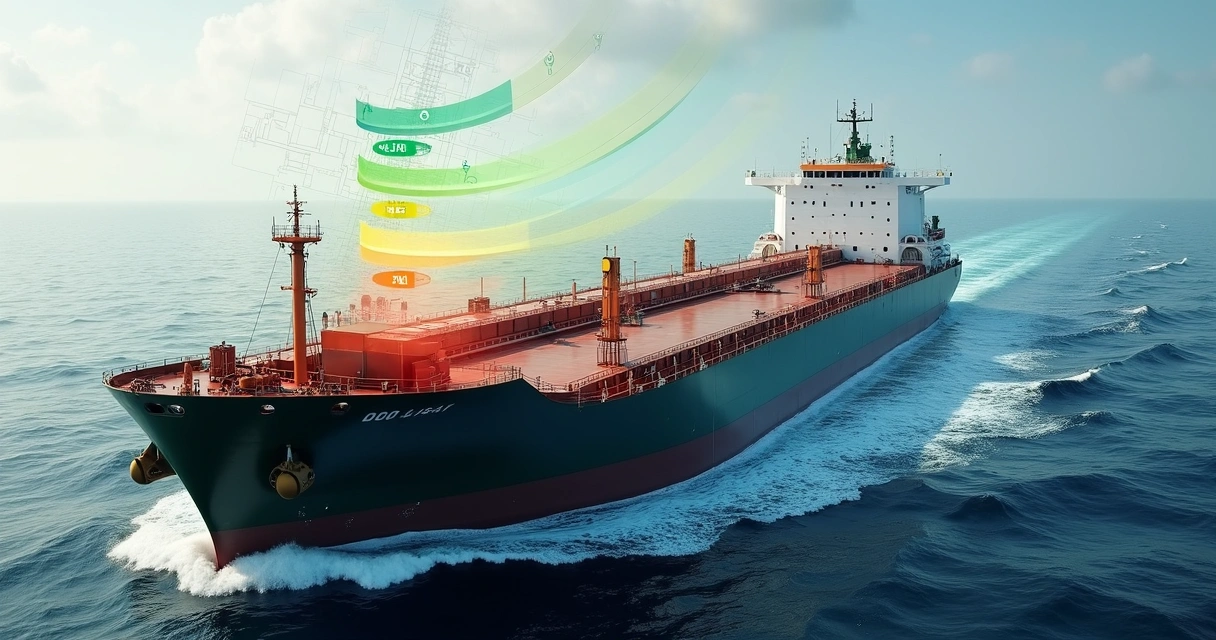 Cargo ship with emission grade scale on a digital display