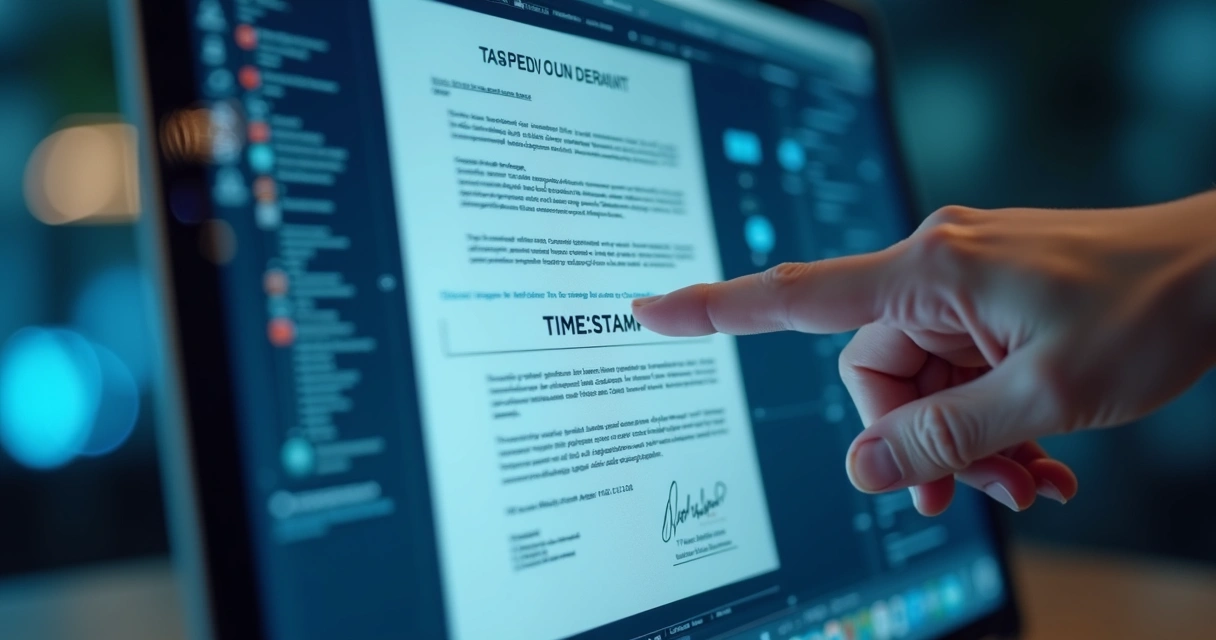Mão segurando documento digital com carimbo do tempo visível 