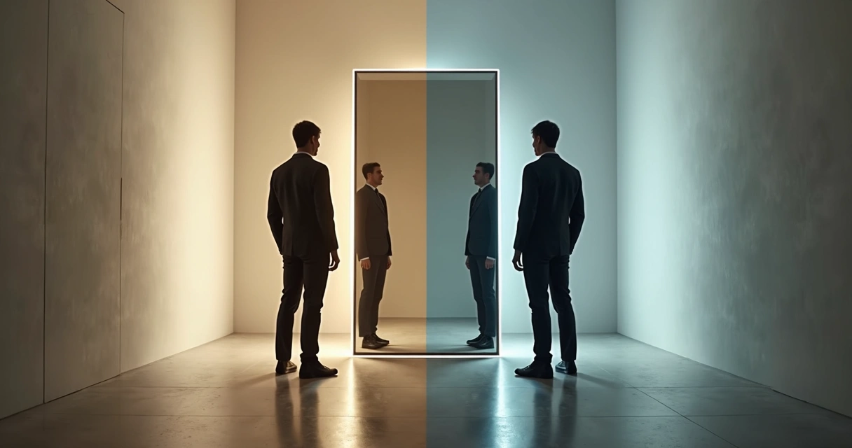 Dos figuras delante de un mismo espejo mostrando reflejos opuestos 