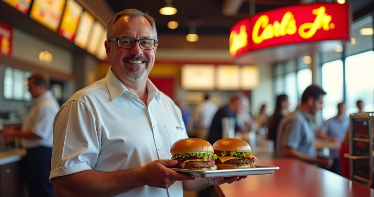 Carl Radke sorrindo atrás do balcão do Carl's Jr. com dois Big Carl na bandeja.
