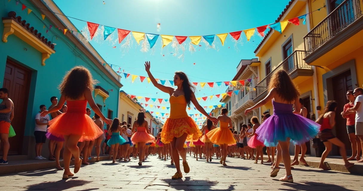 Cena do Carnaval de Bonito com pessoas dançando, blocos musicais e comidas típicas.