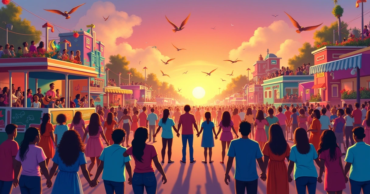Cena de carnaval festivo com elementos gospel, pessoas unidas cantando e um banda ao vivo, em um ambiente alegre e colorido.