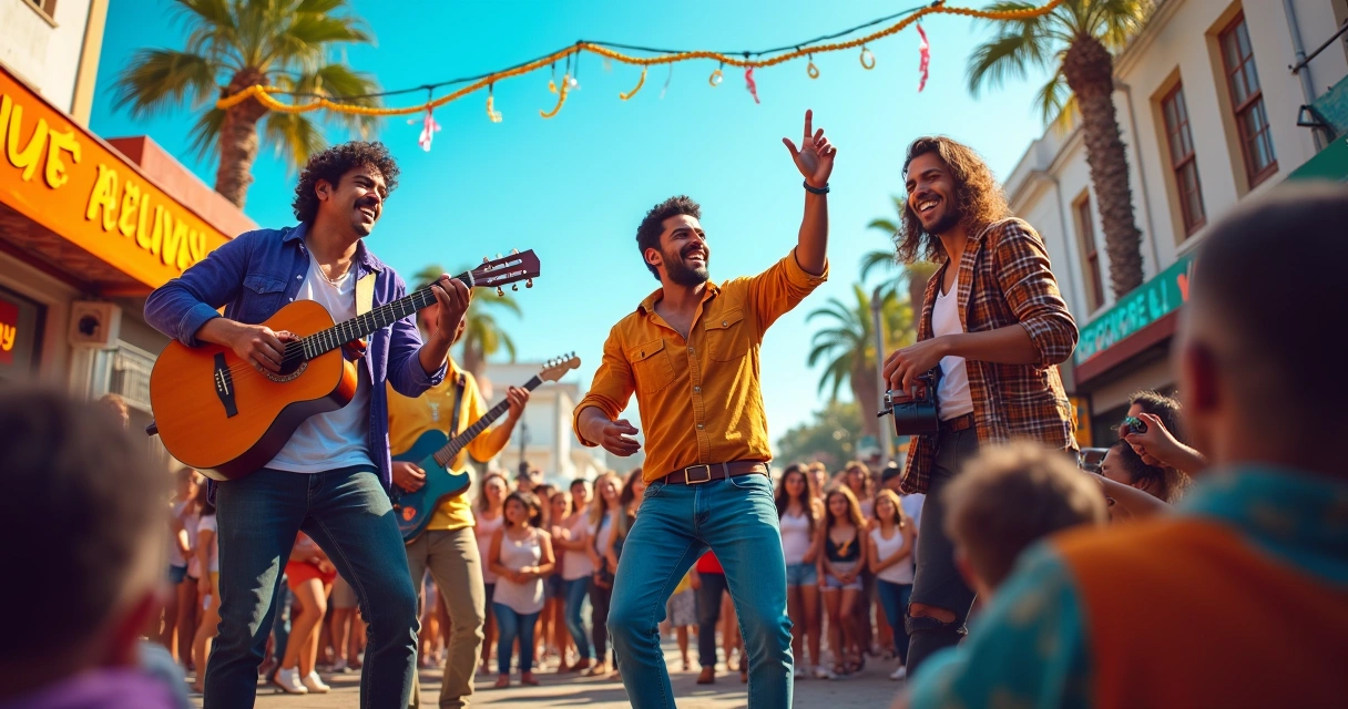 Celebration de carnaval com músicos, público animado, estande de promoções e influenciador, tudo colorido e festivo.