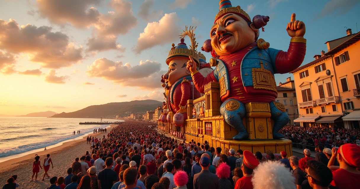 Carro alegórico gigante do Carnaval de Viareggio desfilando na orla lotada ao pôr do sol 