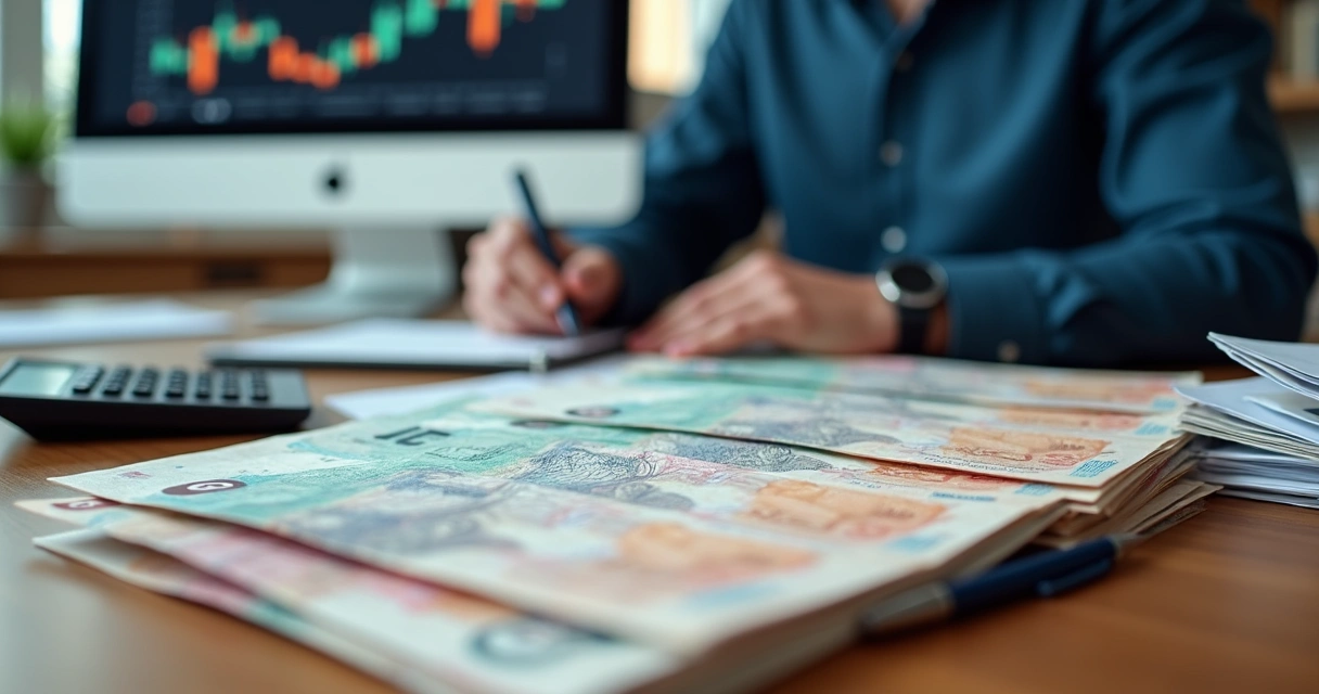 Exemplo de carnê de boletos alinhados em uma mesa de escritório 