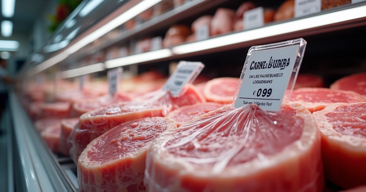 Cortes de carne de burro embalados à vácuo em balcão refrigerado 