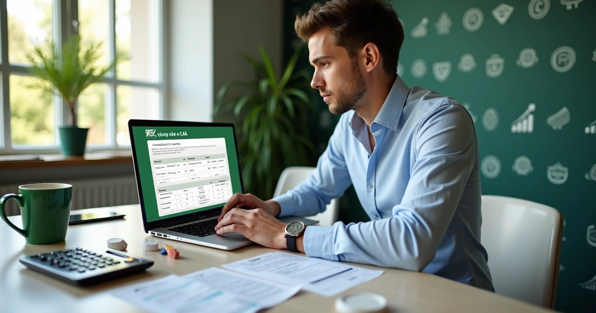 Pessoa preenchendo dados no Carnê-Leão digital, sentado à mesa com notebook, calculadora e comprovantes bancários espalhados ao lado 