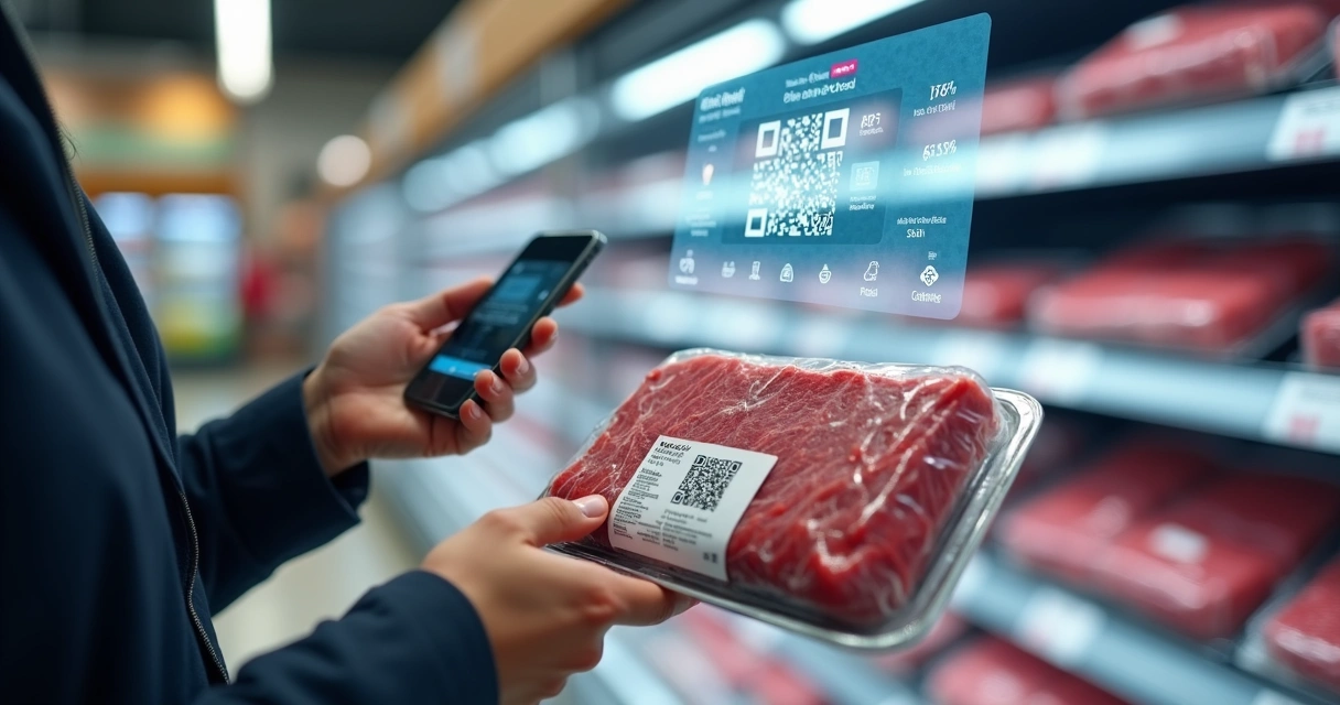 Embalagem de carne com QR code visível sendo escaneada