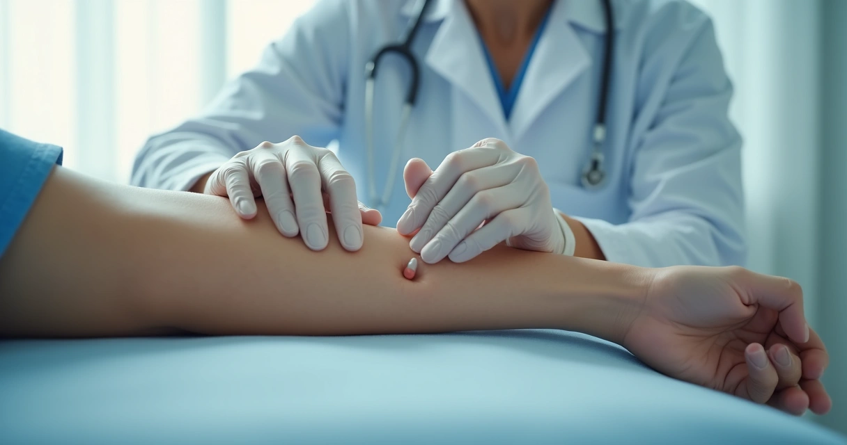 Médico examinando um caroço na pele do braço 