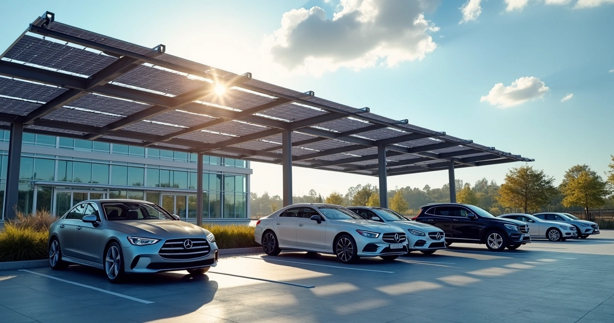 Carport solar em estacionamento empresarial com carros protegidos e painéis fotovoltaicos instalados na estrutura metálica 