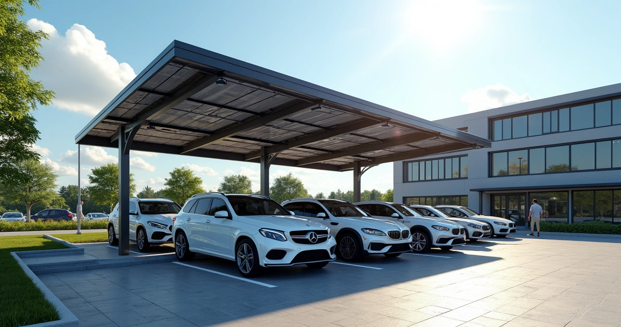 Carport solar protegendo carros em um estacionamento empresarial