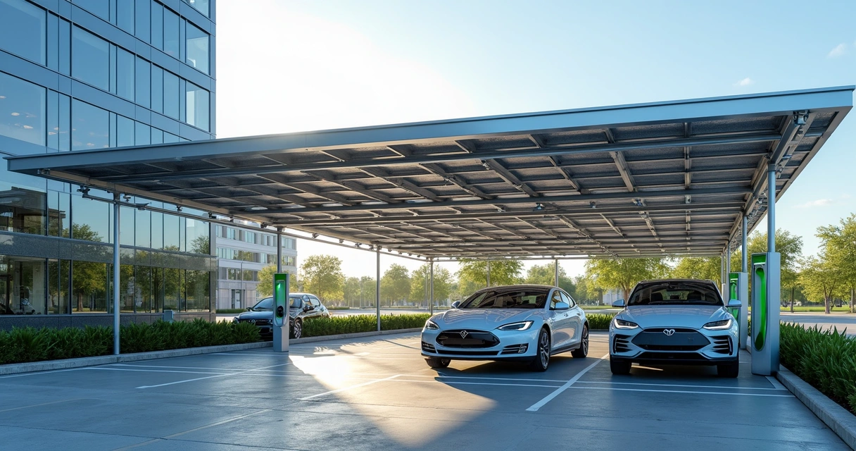 Estrutura de carport solar em estacionamento empresarial com painéis solares instalados sobre vagas de veículos ao ar livre 