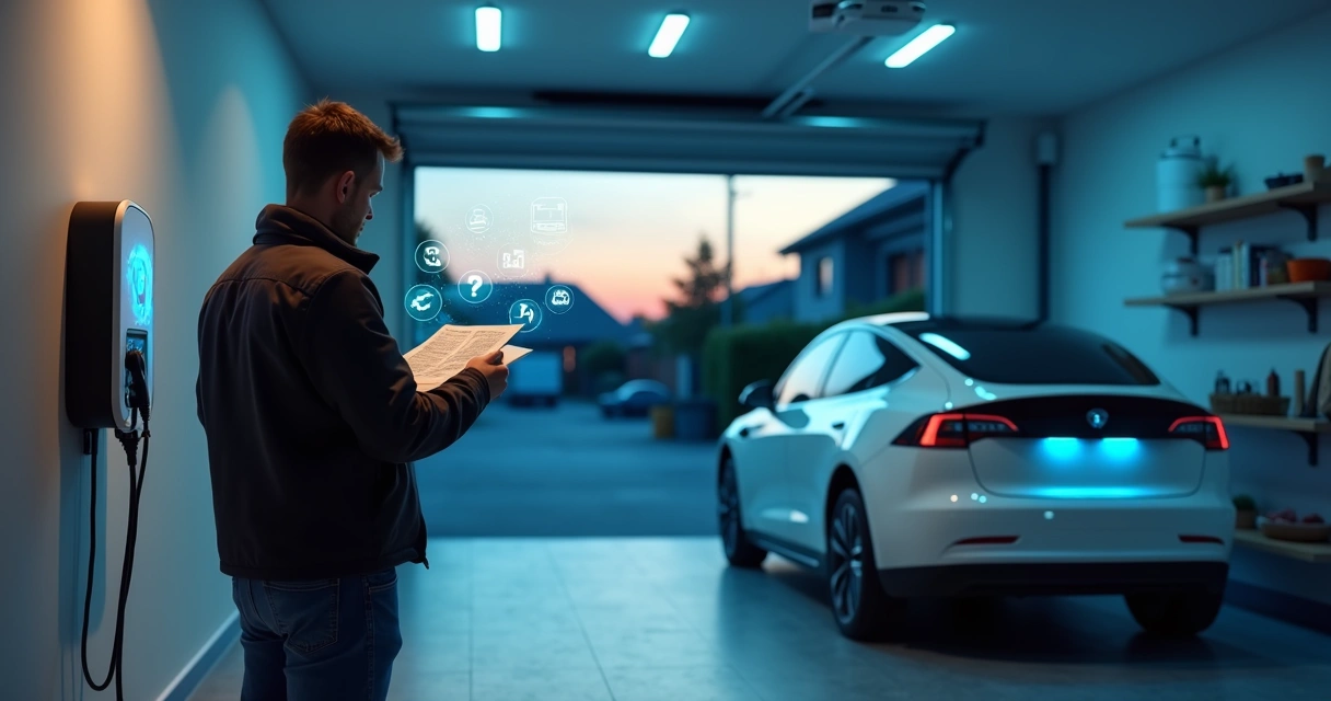 Pessoa avaliando carregador de carro elétrico em garagem moderna 