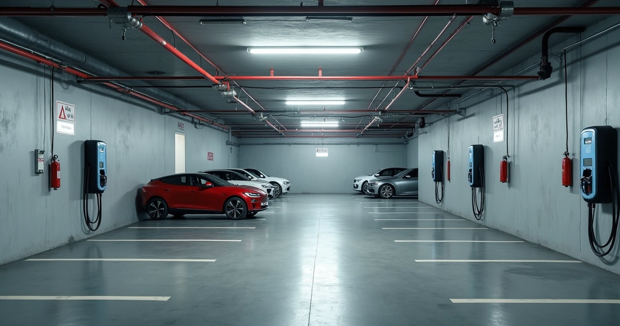 Carregadores de carros elétricos em garagem de condomínio
