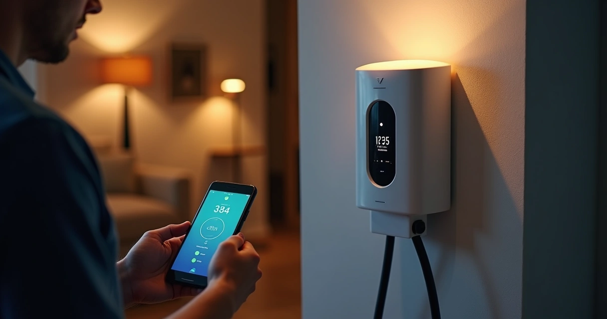 Pessoa programando carregador doméstico de carro elétrico à noite 