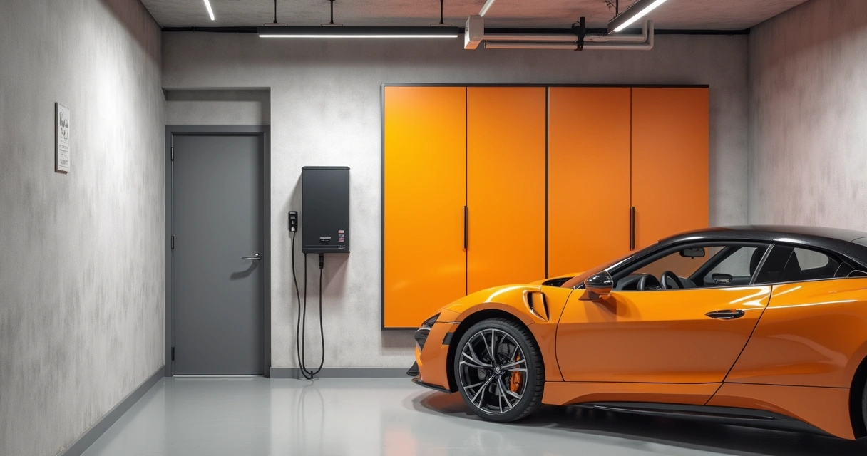 Carregador de carro elétrico instalado na parede de garagem residencial