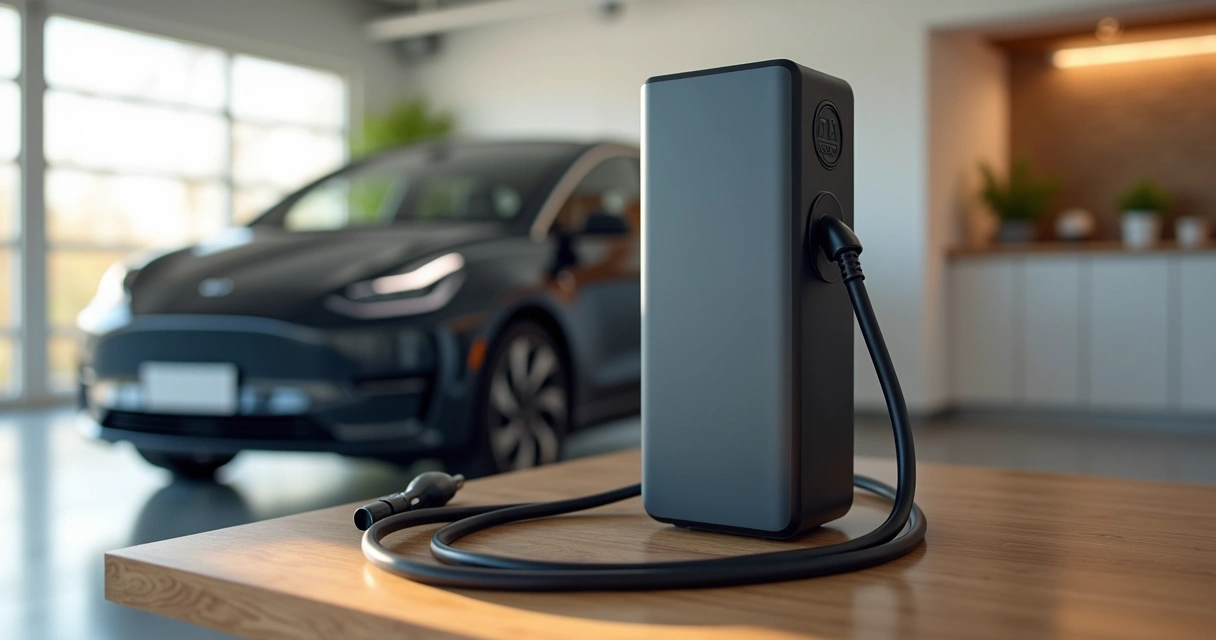 Carregador portátil tipo 2 para carro elétrico sobre mesa de madeira 
