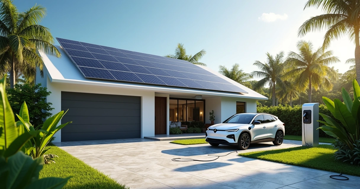 Carregador de veículo elétrico conectado a painel solar no telhado 