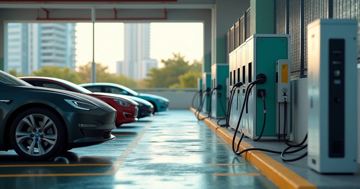 Carregadores elétricos instalados em vagas de estacionamento, painel elétrico ao fundo