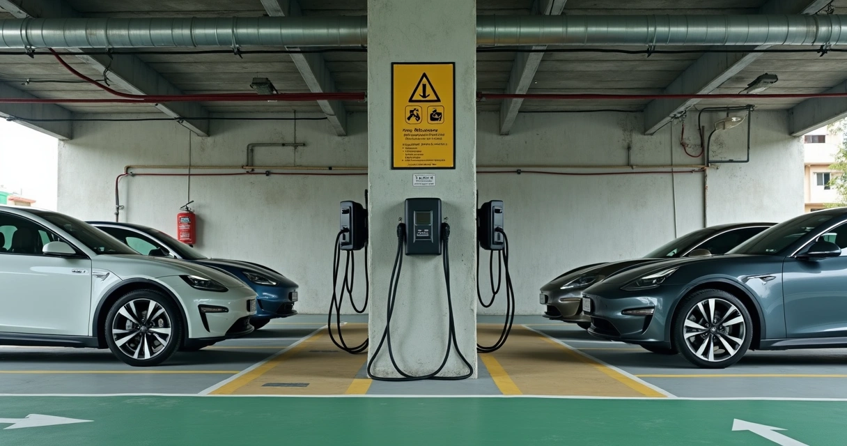 Estacionamento coberto com carros elétricos conectados a carregadores alinhados 