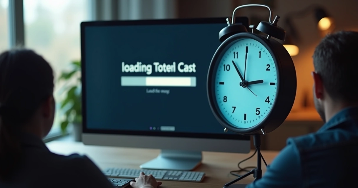 Relógio marcando segundos ao lado de uma página web carregando lentamente 