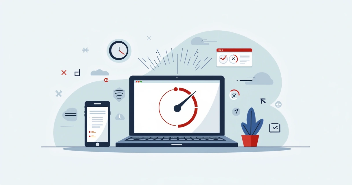 Ilustração de uma página da web carregando rapidamente em notebook e smartphone 