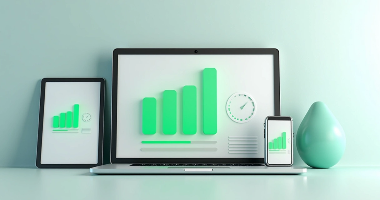 Ícone representando site rápido com barra de progresso concluída e dispositivos variados 