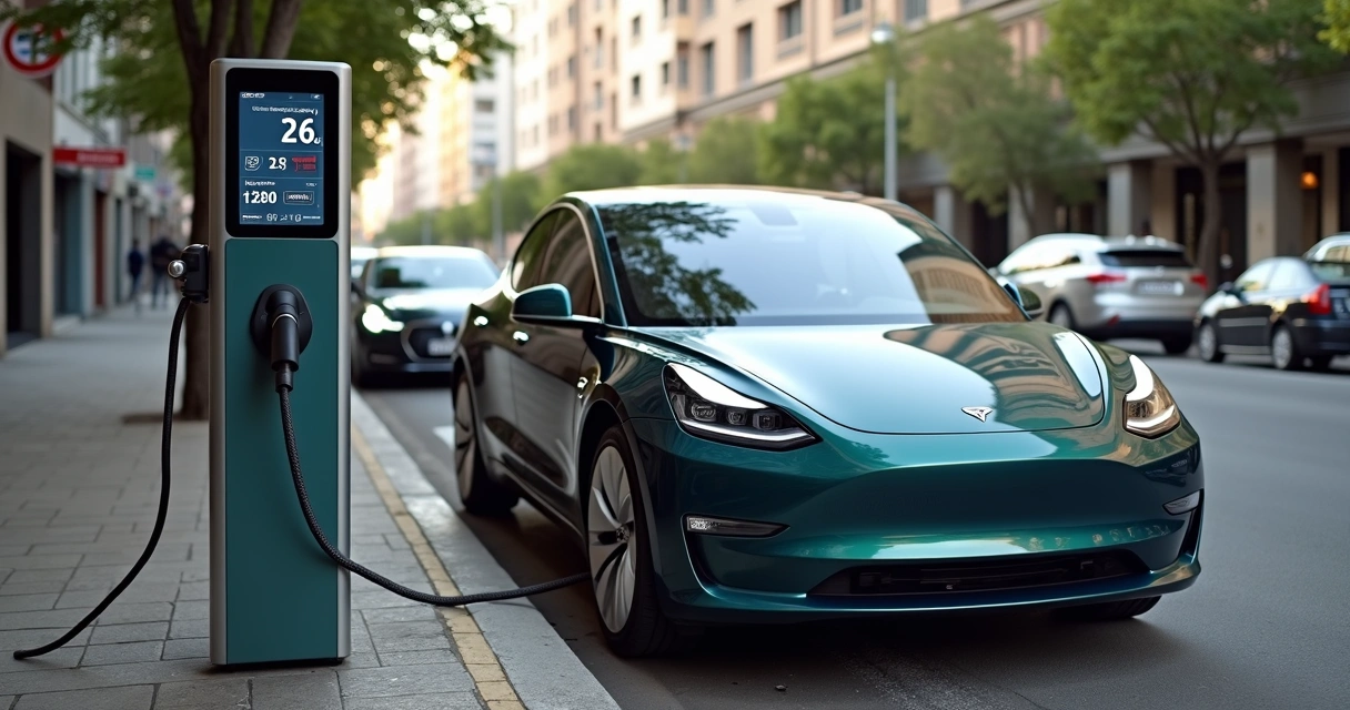 Carro elétrico sendo carregado em estação pública de rua 