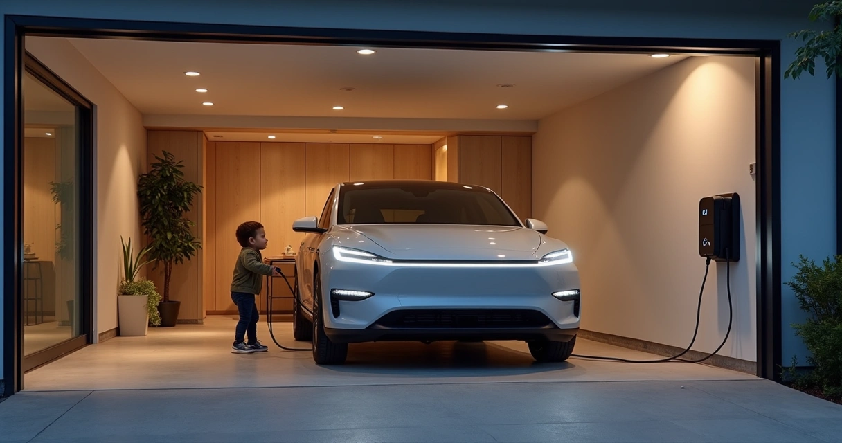 Carro elétrico sendo carregado em garagem de casa