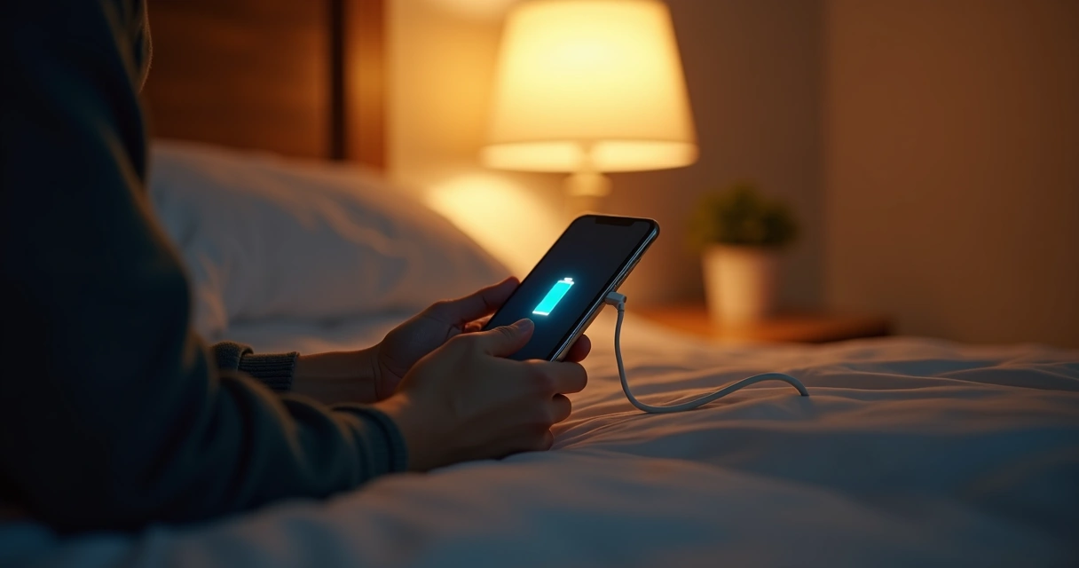 Pessoa enchendo a bateria do celular à noite, luz suave e tomada próxima 