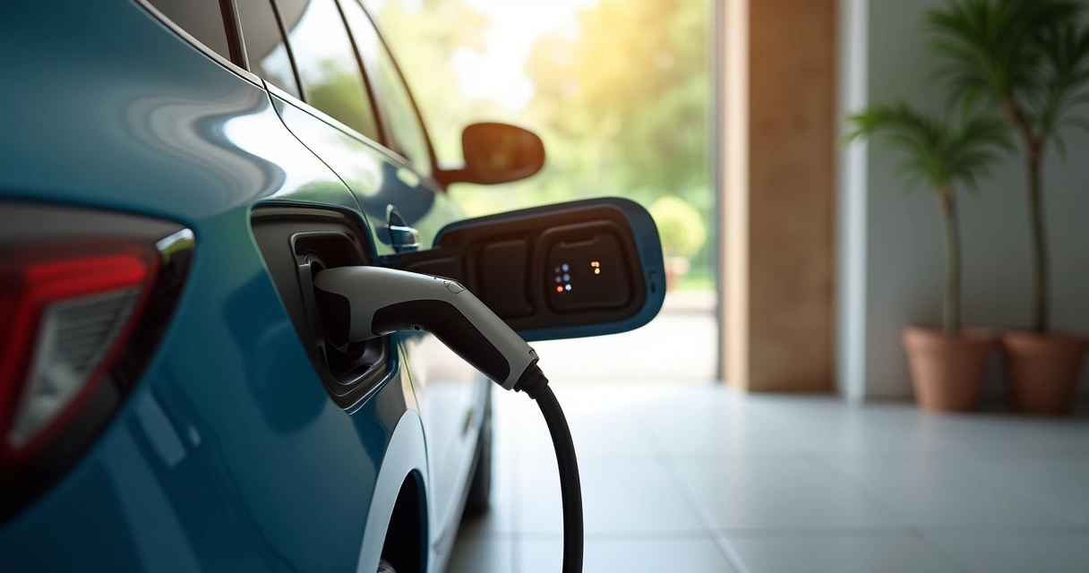 Carro híbrido plug-in sendo carregado em tomada residencial