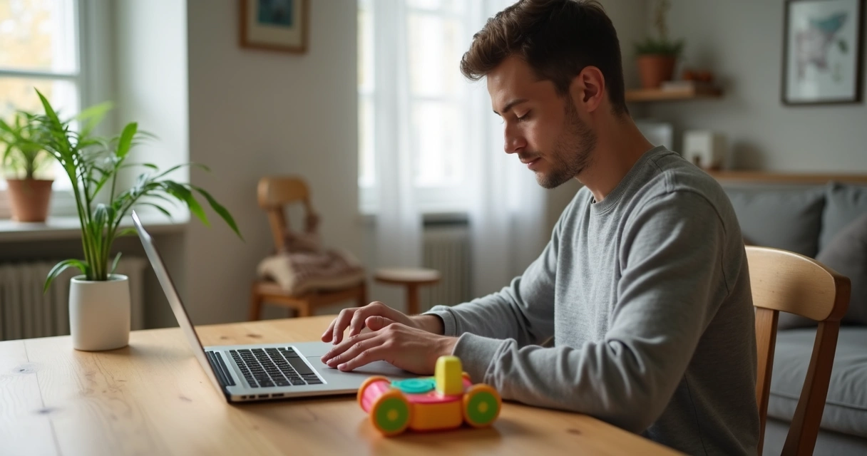 Pessoa sentada à mesa conciliando laptop e brinquedo infantil 