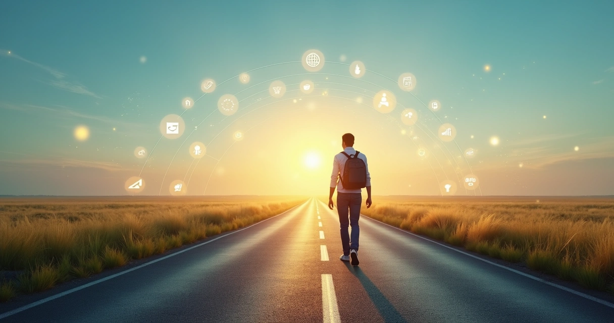 Profissional caminha em estrada iluminada cercada por ícones de conhecimento 