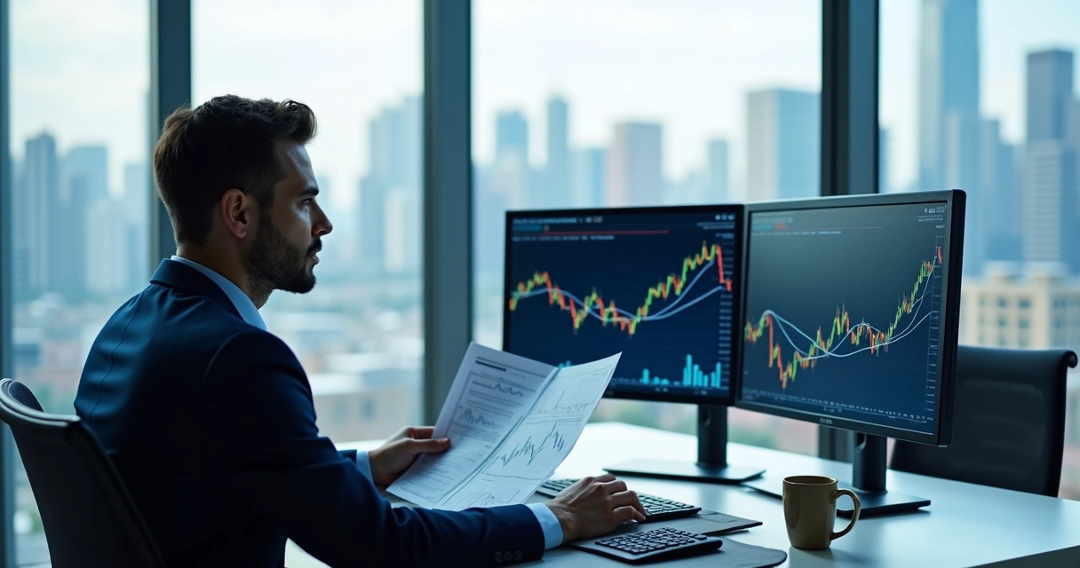 Profissional de finanças analisando gráficos em escritório 