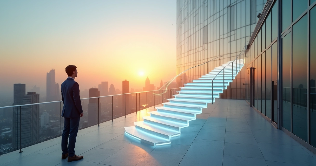 Profissional em um prédio alto observando sete degraus iluminados representando níveis de evolução na carreira 