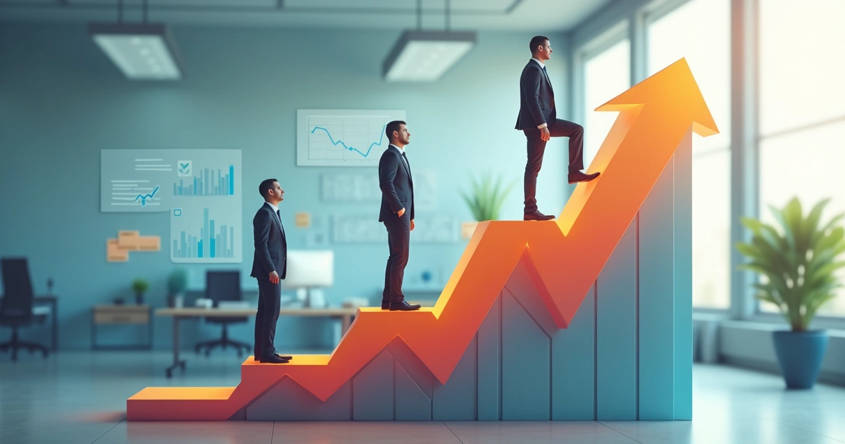 Demonstração gráfica de crescimento de carreira, escadas e pessoas subindo. 